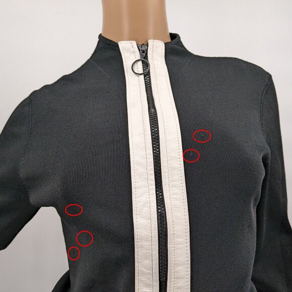 Vintage 90s y2k Black Ribbed Top Zip Front Faux Leather Mod Knit Petite Medium - Picture 4 of 10